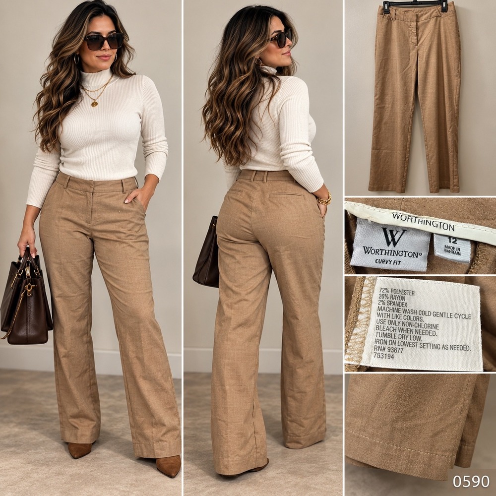 Worthington Curvy Fit Dress Pants Tan Brown Straight Leg Career Trousers 12 0590